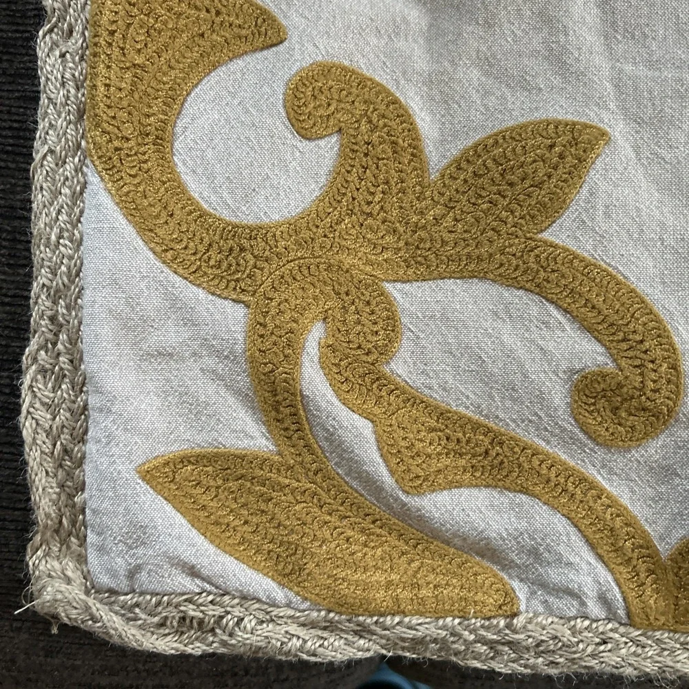 Vintage Pier One Imports Embroidered Jute Decorative Yellow scroll Pillow case